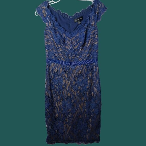 Tadashi Shoji Lace Off-The-Shoulder Sheath Dress Royal Blue Size 8 - Picture 6 of 16